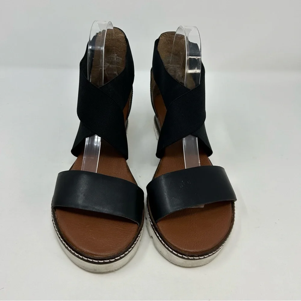 Diba True Black Leather and Fabric Strappy Wedge Comfort Sandals Size 9.5